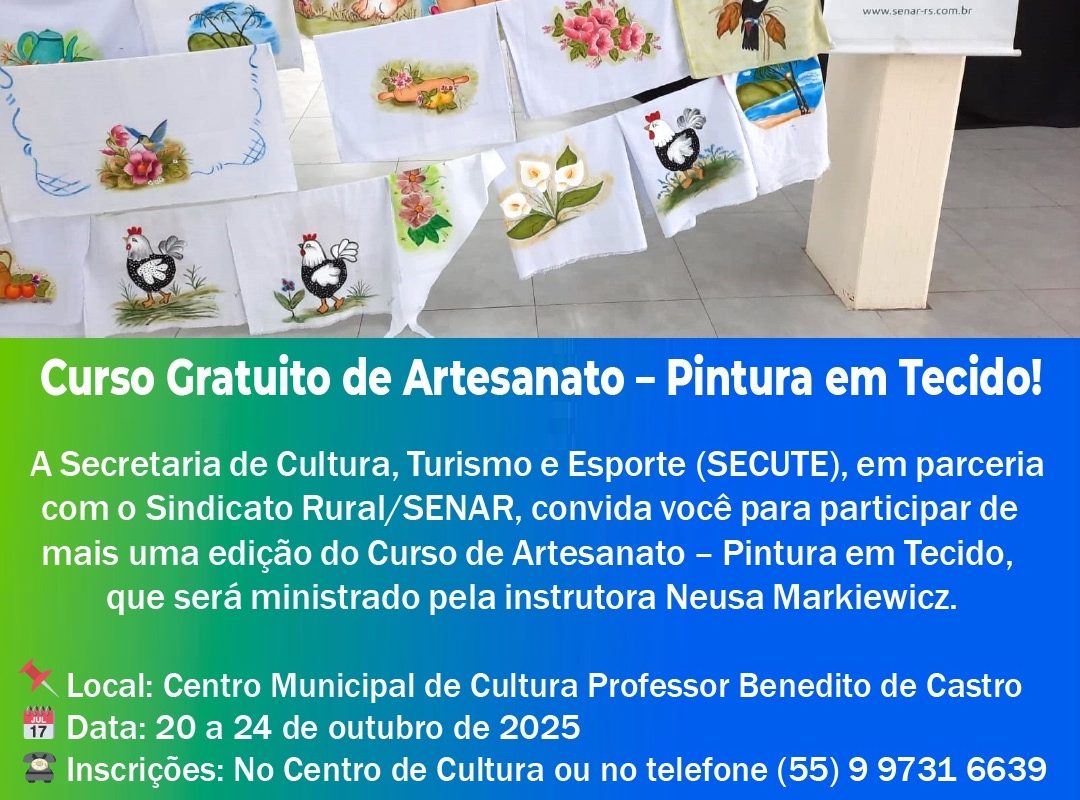 SECUTE e SENAR promovem curso gratuito de pintura em tecido em Santo Augusto