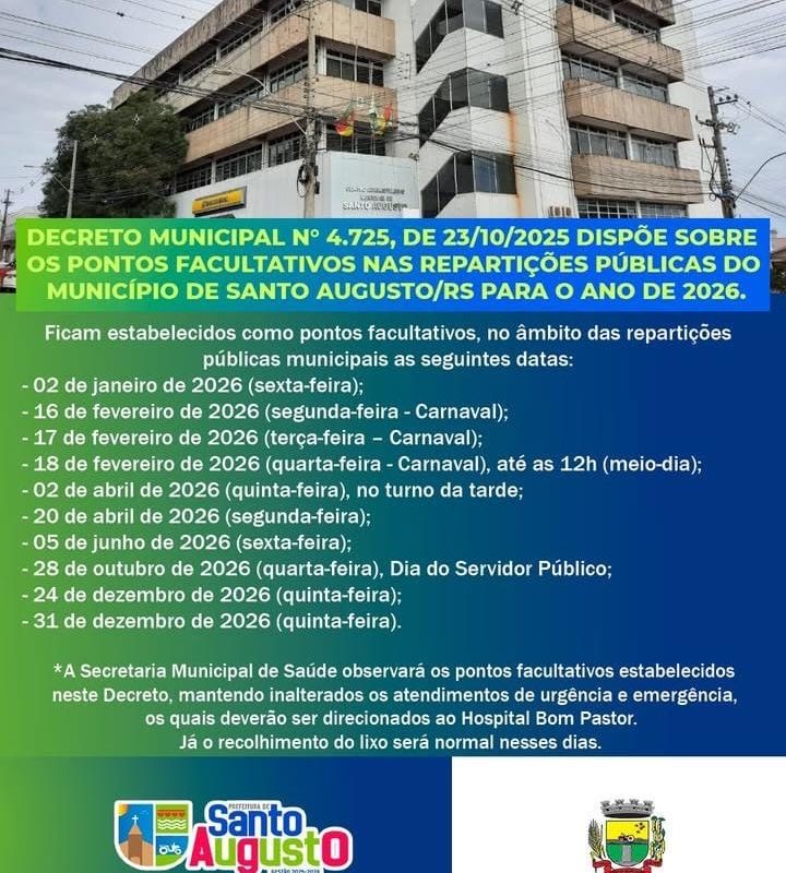 Feriados e Pontos Facultativos Definidos em Santo Augusto para 2026