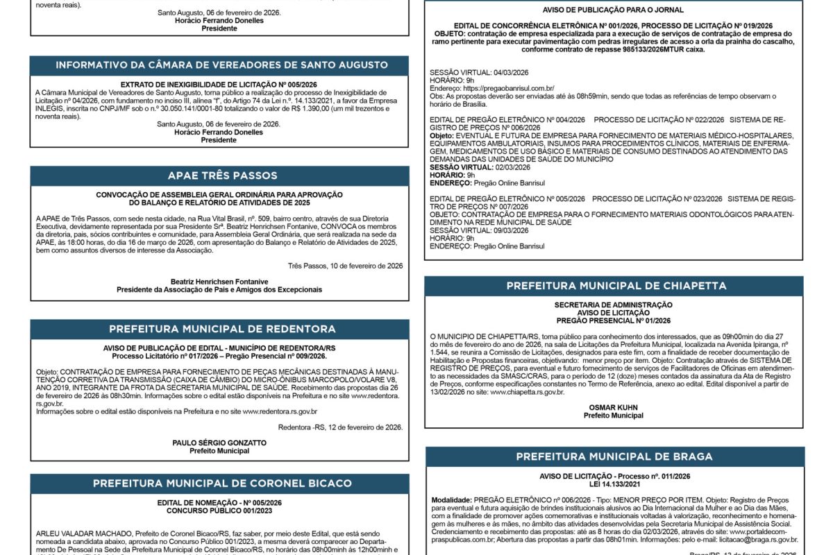 Publicações Legais – 13 De Fevereiro de 2026